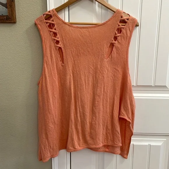 FREE PEOPLE oversized linen blend tangerine top.  L - Picture 3 of 6